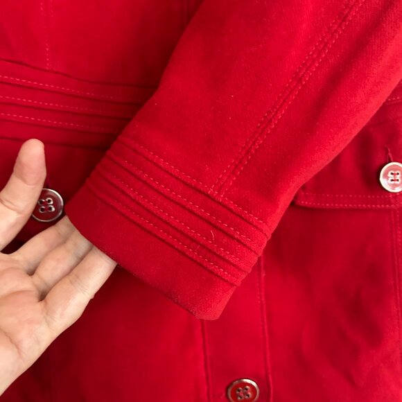 Per Una Cherry Red Winter Coat Sz 14 Brushed Velvet Preppy Satin Twee 3/4 Bold - Picture 4 of 13